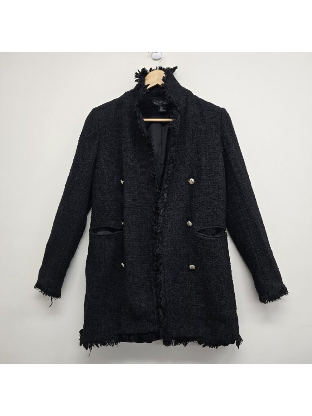 Rachel Zoe Open Front Textured Fringe Jacket Size S Longline Ornate Button Black